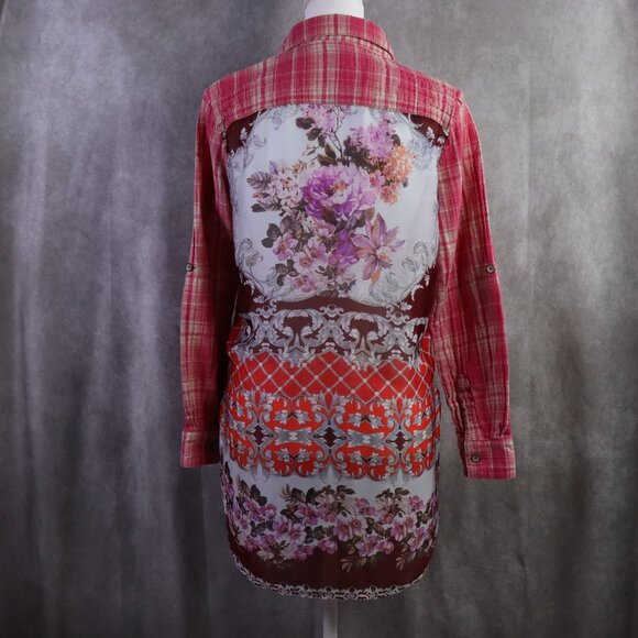 Cyrena Tops - Cyrena Top Womens Small Pink Colorful Plaid Floral Button Long Sleeve Boho
